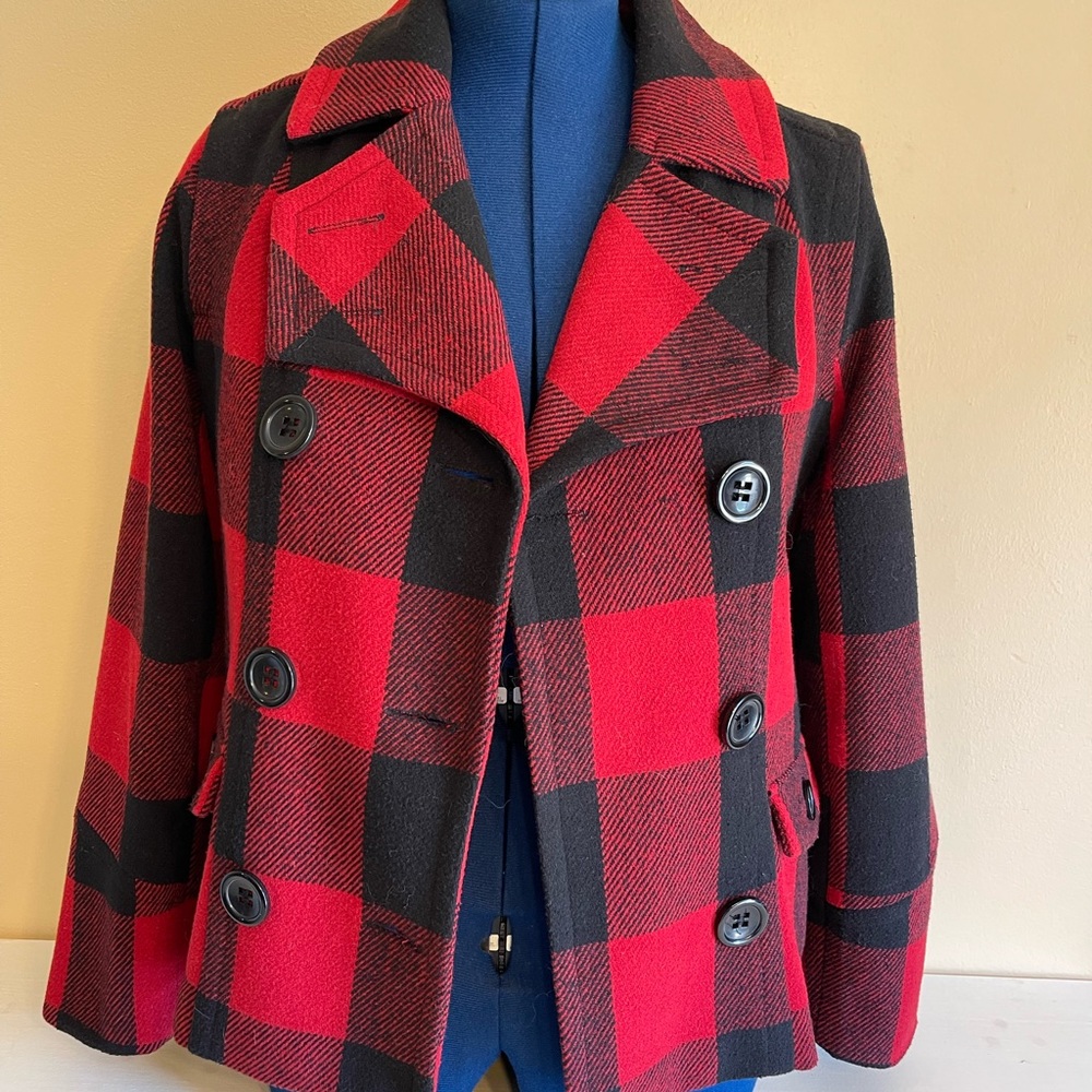 THRE3 Women’s Plaid Pea Coat with Pockets Size S
